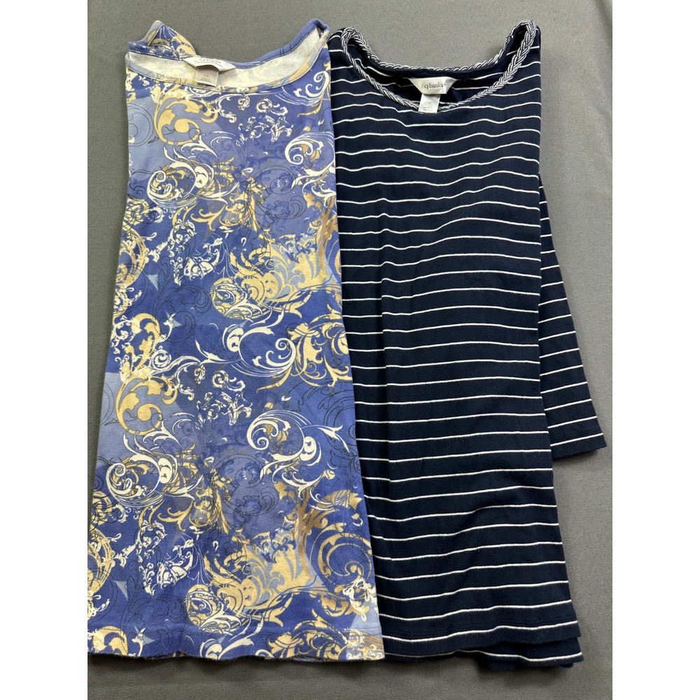 CJ Banks Women's 1X Lot of 2 3/4 Sleeve Tops Blue Striped Baroque Scroll Print